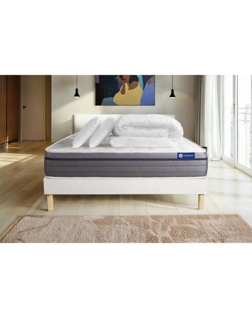 Pack lit complet ActiMemo Zen blanc avec matelas, sommier blanc en kit, 2 oreillers et couette - 160x200 cm