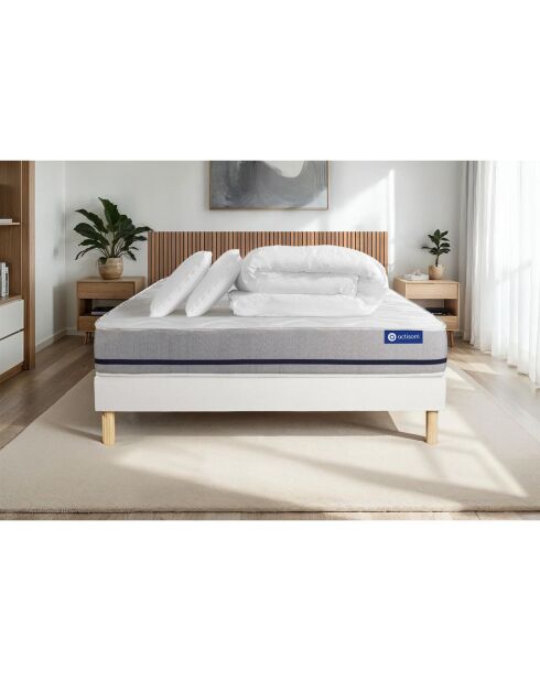 Pack lit complet Actimemo Soft blanc avec matelas, sommier blanc en kit, 2 oreillers et couette - 200x200 cm