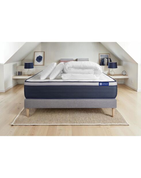 Pack lit complet Actimemo Max gris avec matelas, sommier gris en kit, 2 oreillers et couette - 140x190 cm