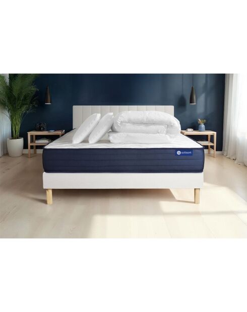 Pack lit complet Actimemo Life blanc avec matelas, sommier blanc en kit, 2 oreillers et couette - 200x200 cm