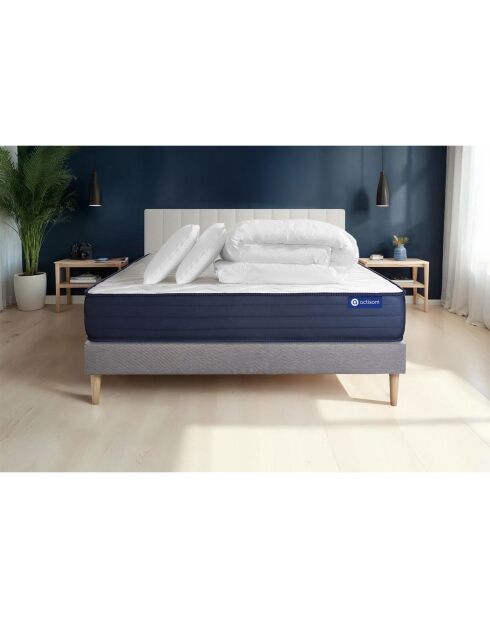 Pack lit complet Actimemo Life gris avec matelas, sommier gris en kit, 2 oreillers et couette - 160x200 cm