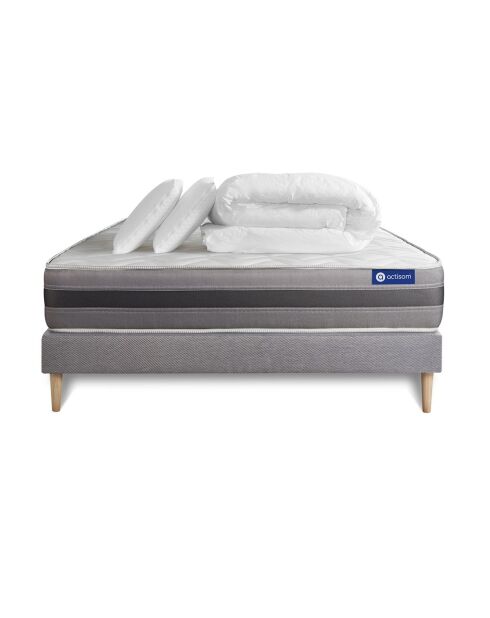 Pack lit complet Actilatex Relax gris avec matelas, sommier gris en kit, 2 oreillers et couette - 200x200 cm