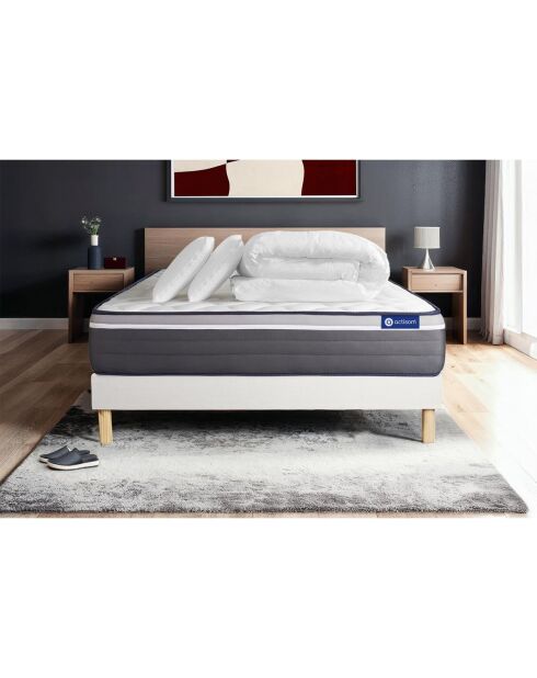 Pack lit complet Actilatex Plus blanc avec matelas, sommier blanc en kit, 2 oreillers et couette - 160x200 cm