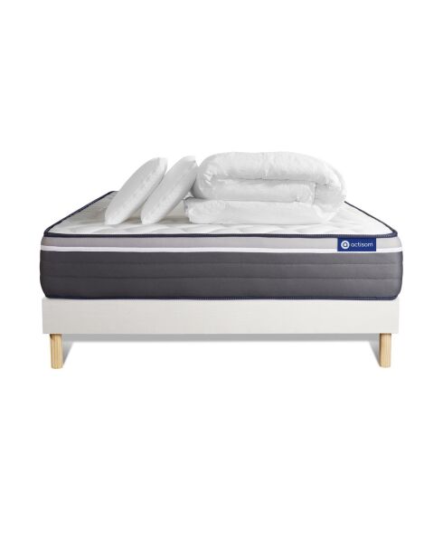 Pack lit complet ActiMemo Plus blanc avec matelas, sommier blanc en kit, 2 oreillers et couette - 200x200 cm