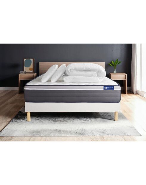 Pack lit complet ActiMemo Plus blanc avec matelas, sommier blanc en kit, 2 oreillers et couette - 200x200 cm