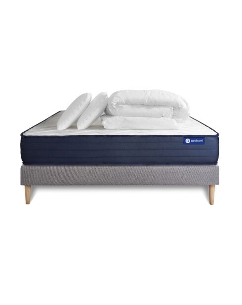 Pack lit complet Actimemo Life gris avec matelas, sommier gris en kit, 2 oreillers et couette - 180x200 cm