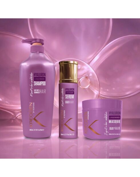 Shampooing réparation profonde pour cheveux très secs et abîmés , Masque réparation intense pour cheveux très secs et abîmés , Sérum capillaire réparation pour cheveux très secs et abîmés