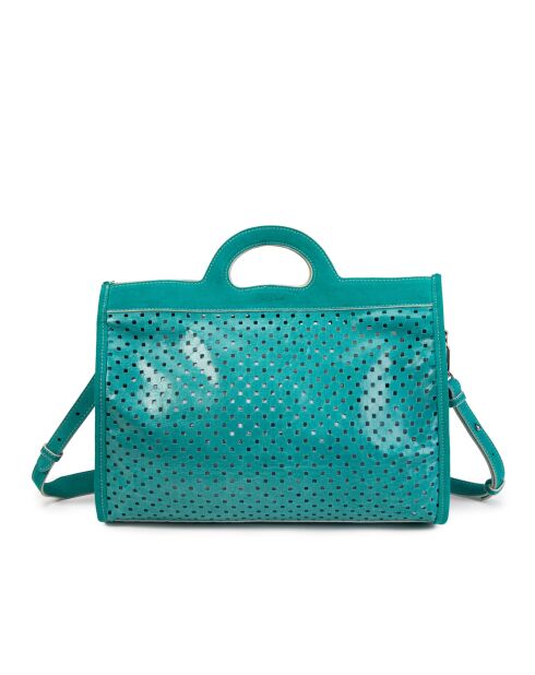 Sac cabas en cuir perforé Gae turquoise - 36x29x16 cm