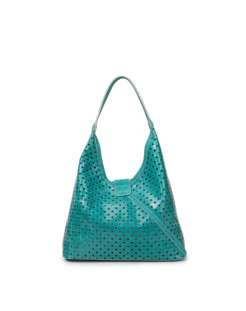 Sac cabas porté épaule en cuir perforé Lune turquoise - 38x28x16 cm
