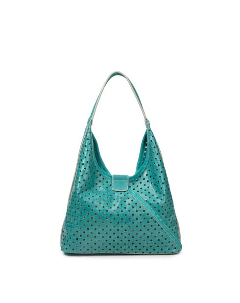 Sac cabas porté épaule en cuir perforé Lune turquoise - 38x28x16 cm