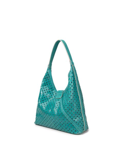 Sac cabas porté épaule en cuir perforé Lune turquoise - 38x28x16 cm