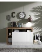 Buffet 3 portes HAMBURG blanc laqué brillant, bois mercure - 146x93x42 cm