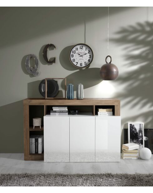 Buffet 3 portes HAMBURG blanc laqué brillant, bois mercure - 146x93x42 cm