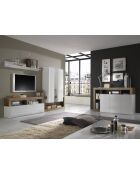Buffet 3 portes HAMBURG blanc laqué brillant, bois mercure - 146x93x42 cm