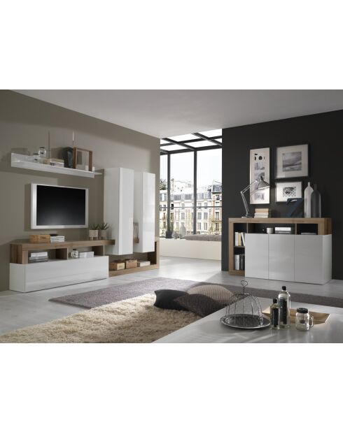 Buffet 3 portes HAMBURG blanc laqué brillant, bois mercure - 146x93x42 cm