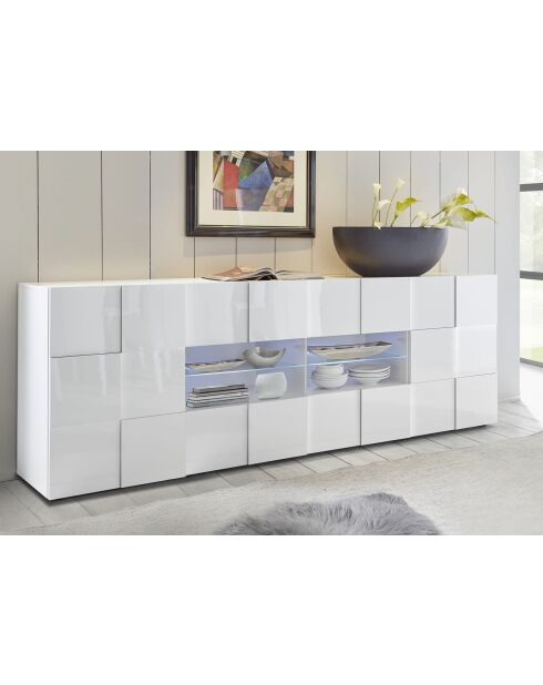 Buffet 2 portes, 4 tiroirs DAMA blanc laqué brillant - 241x84x43 cm