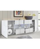 Buffet 2 portes, 4 tiroirs DAMA blanc laqué brillant - 241x84x43 cm