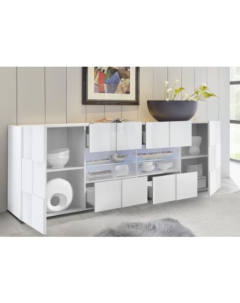 Buffet 2 portes, 4 tiroirs DAMA blanc laqué brillant - 241x84x43 cm