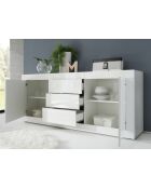 Buffet 2 portes, 3 tiroirs BASIC blanc laqué brillant - 210x42x85.8 cm
