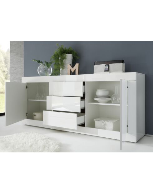 Buffet 2 portes, 3 tiroirs BASIC blanc laqué brillant - 210x42x85.8 cm