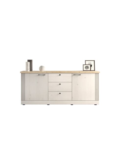 Buffet 2 portes, 3 tiroirs COUNTRY plateau en chêne cadiz, chêne blanc meringué - 211x88x44 cm