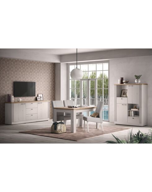 Buffet 2 portes, 3 tiroirs COUNTRY plateau en chêne cadiz, chêne blanc meringué - 211x88x44 cm