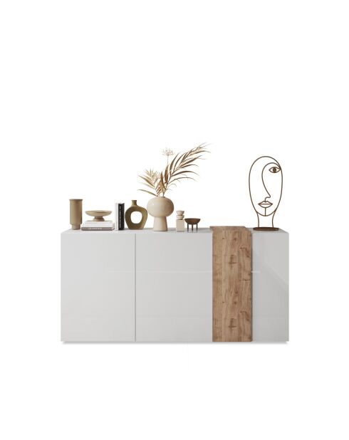 Sideboard 3 portes VENUS blanc laqué brillant chêne cadiz - 181x44x84 cm