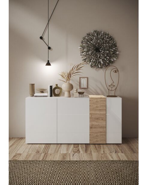 Sideboard 3 portes VENUS blanc laqué brillant chêne cadiz - 181x44x84 cm