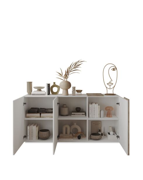 Sideboard 3 portes VENUS blanc laqué brillant chêne cadiz - 181x44x84 cm