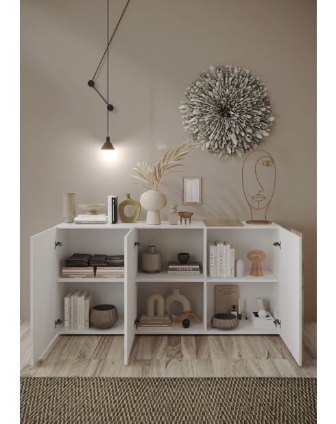 Sideboard 3 portes VENUS blanc laqué brillant chêne cadiz - 181x44x84 cm
