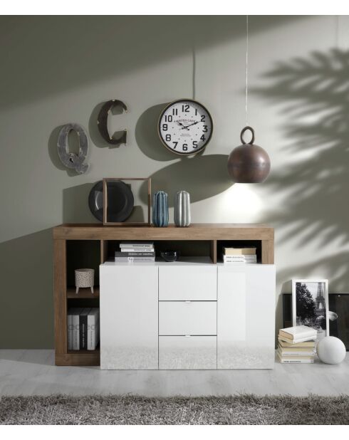 Buffet 2 portes, 3 tiroirs HAMBURG blanc laqué brillant, bois mercure - 146x93x42 cm