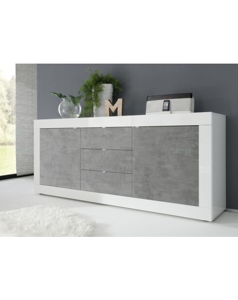 Buffet 2 portes, 3 tiroirs BASIC blanc laqué brillant / béton - 210x42x85.8 cm