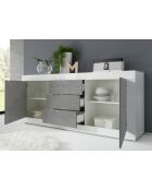 Buffet 2 portes, 3 tiroirs BASIC blanc laqué brillant / béton - 210x42x85.8 cm