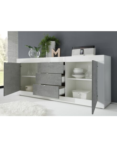 Buffet 2 portes, 3 tiroirs BASIC blanc laqué brillant / béton - 210x42x85.8 cm