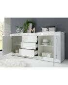 Buffet 2 portes, 3 tiroirs BASIC blanc laqué brillant / béton - 210x42x85.8 cm