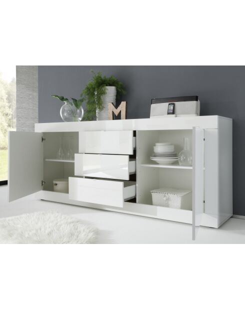 Buffet 2 portes, 3 tiroirs BASIC blanc laqué brillant / béton - 210x42x85.8 cm