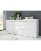 Buffet 2 portes, 3 tiroirs BASIC blanc laqué brillant / béton - 210x42x85.8 cm
