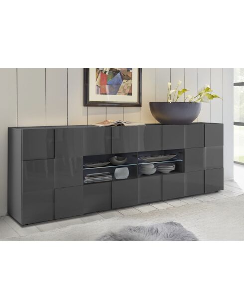 Buffet 2 portes, 4 tiroirs DAMA anthracite laqué brillant - 241x84x43 cm