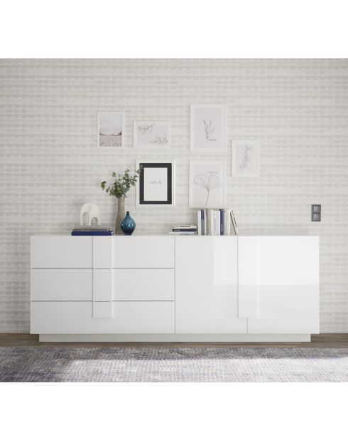 Buffet 3 tiroirs, 2 portes JUPITER blanc laqué brilliant - 241x44x90 cm