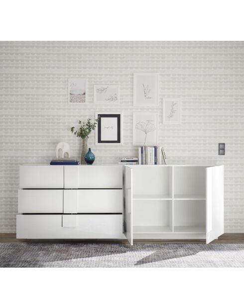 Buffet 3 tiroirs, 2 portes JUPITER blanc laqué brilliant - 241x44x90 cm