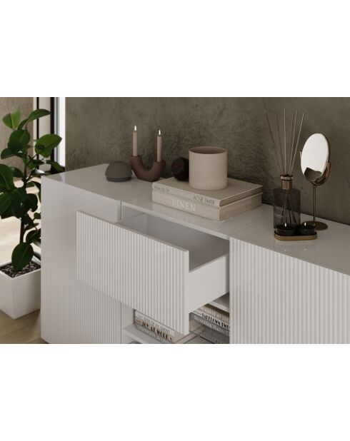 Buffet 2 portes, 2 tiroirs RIO blanc laqué brillant - 181x84x42 cm