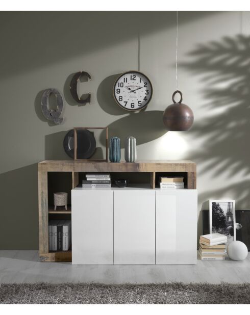 Buffet 3 portes HAMBURG blanc laqué brillant pero - 146x93x42 cm