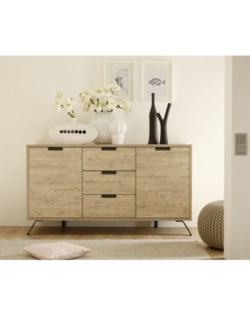 Buffet 2 portes, 3 tiroirs PALMA chêne clair - 155.8x50x85.4 cm