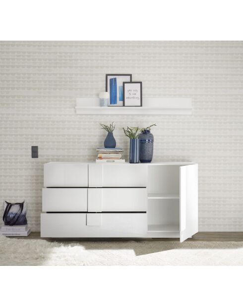 Buffet 3 tiroirs, 1 porte JUPITER blanc laqué brilliant - 182x44x90 cm