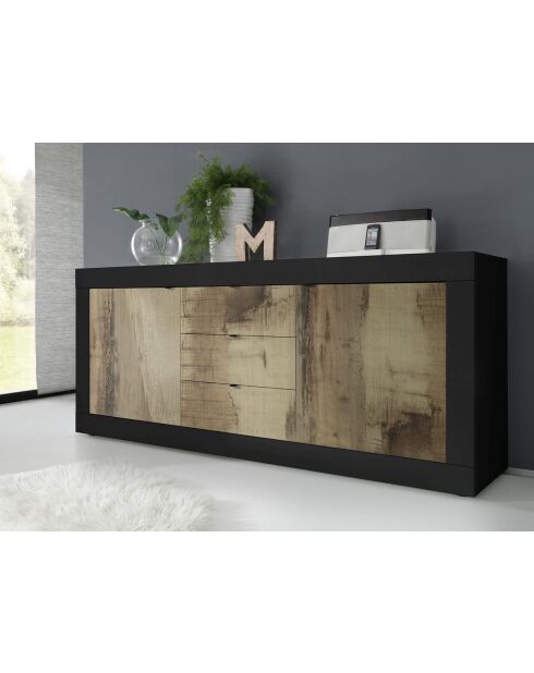 Buffet 2 portes 3 tiroirs BASIC noir mat / pero - 210x42x85.8 cm