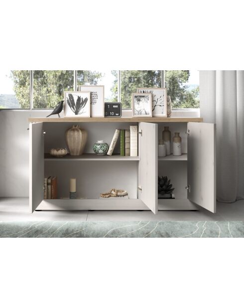 Buffet petit 3 portes COUNTRY plateau en chêne cadiz, chêne blanc meringué - 164x88x44 cm