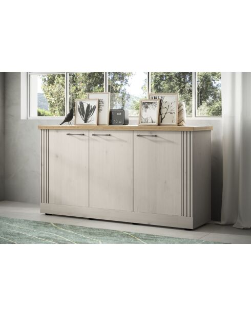 Buffet petit 3 portes COUNTRY plateau en chêne cadiz, chêne blanc meringué - 164x88x44 cm