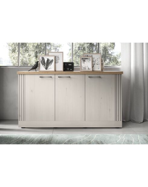 Buffet petit 3 portes COUNTRY plateau en chêne cadiz, chêne blanc meringué - 164x88x44 cm