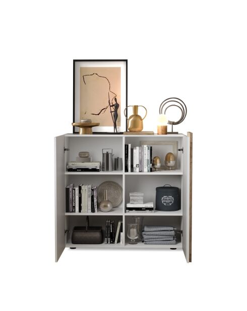 Highboard 2 portes VENUS blanc laqué brillant chêne cadiz - 121x44x114 cm