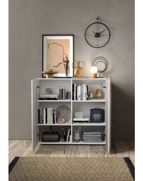 Highboard 2 portes VENUS blanc laqué brillant chêne cadiz - 121x44x114 cm